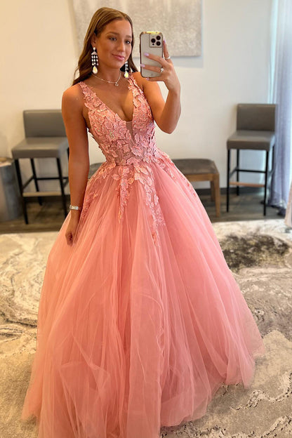 Attractive V-Neck 3D Appliques Pink Cute Prom Dress Long QP1199|SQOSA