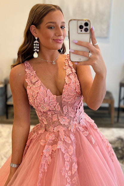 Attractive V-Neck 3D Appliques Pink Cute Prom Dress Long QP1199|SQOSA