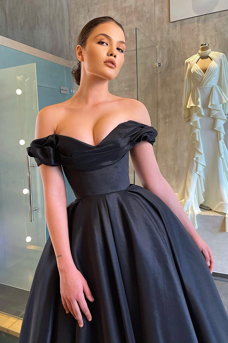 Off the Shoulder Pleats Black Prom Dress with Pockets QP1270|SQOSA