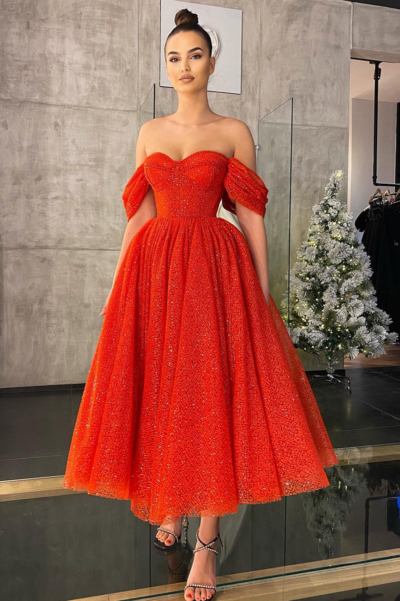 Off Shoulder Red Vintage Prom Dress Glitter QP1278|SQOSA