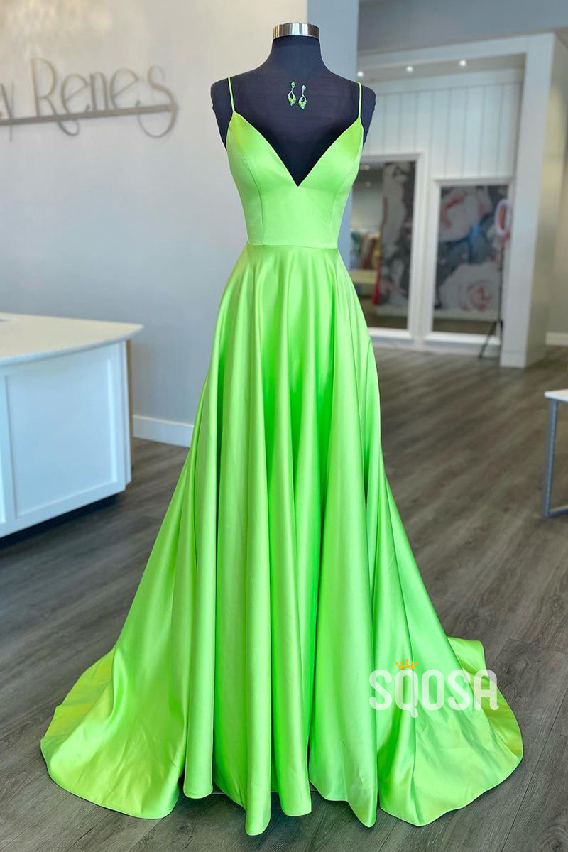 Attractive V-Neck Satin Simple Long Prom Dress with Pockets QP1397|SQOSA