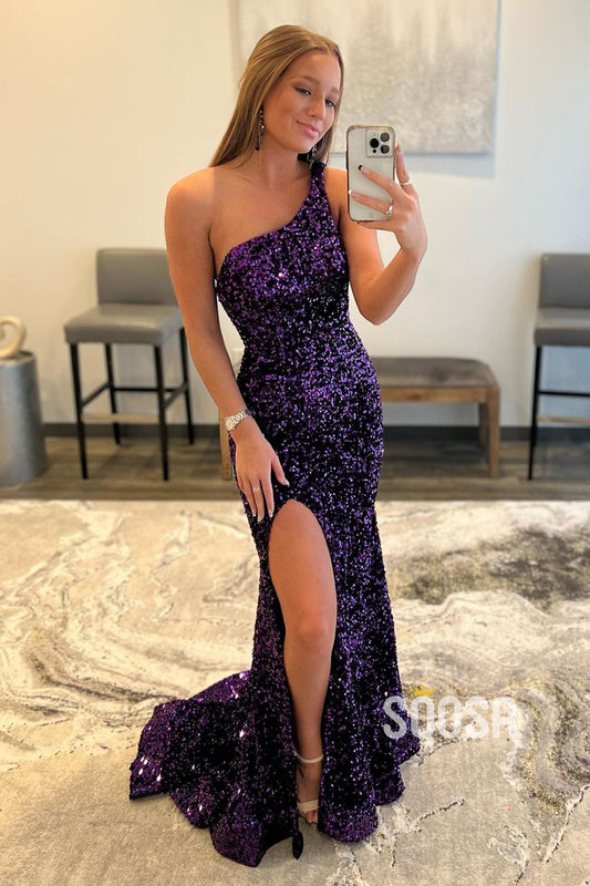 One Shoulder Purple Sequins Long Prom Dress with Slit QP1421|SQOSA