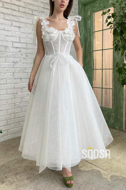 Double Straps 3D Flowers Ivory Tulle Vintage Prom Dress with Pockets QP2829|SQOSA