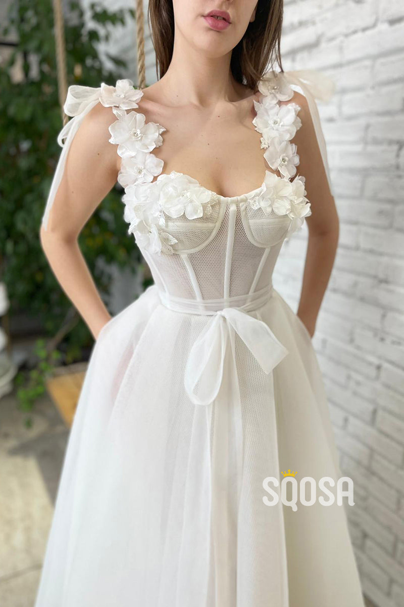 Double Straps 3D Flowers Ivory Tulle Vintage Prom Dress with Pockets QP2829|SQOSA