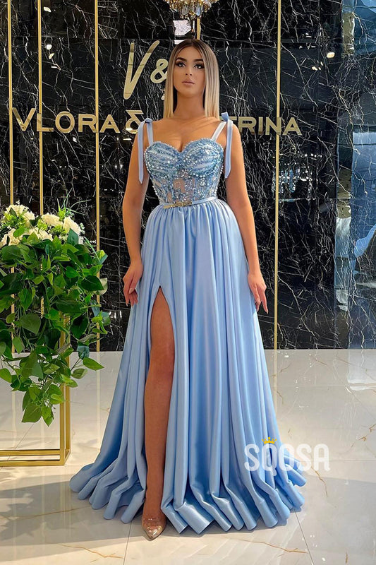 A-line Spaghetti Straps Beads Long Prom Dress with Slit QP2830|SQOSA