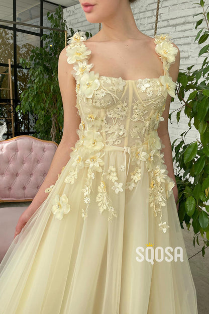 Double Straps 3D Appliques Yellow Prom Dress Long QP2835|SQOSA