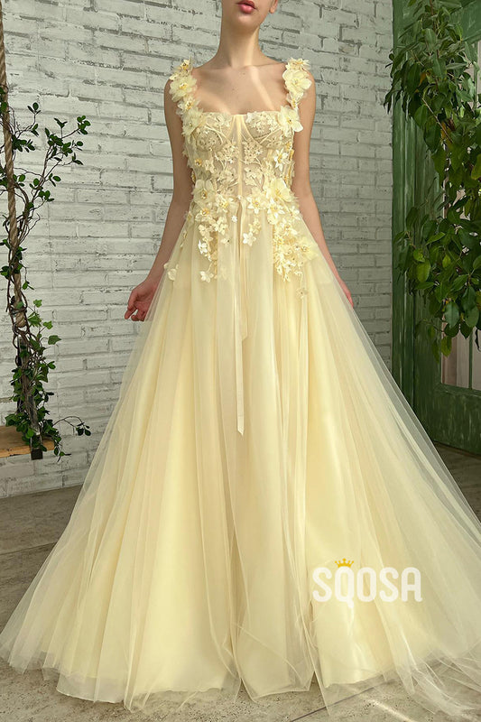 Double Straps 3D Appliques Yellow Prom Dress Long QP2835|SQOSA