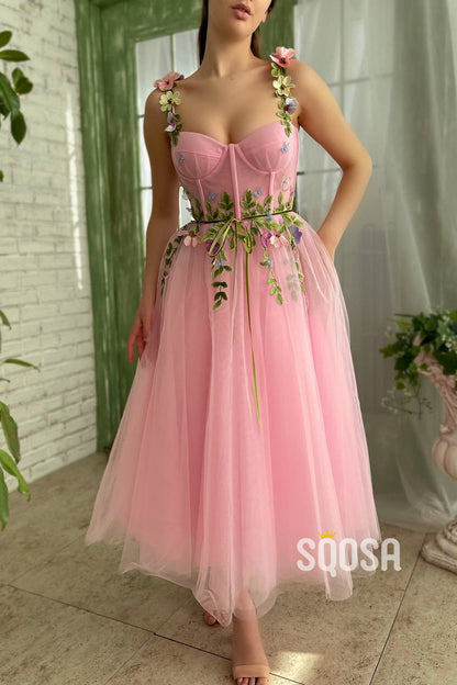 Spaghetti Straps Sweetheart 3D Appliques Pink Prom Dress with Pockets QP2841|SQOSA
