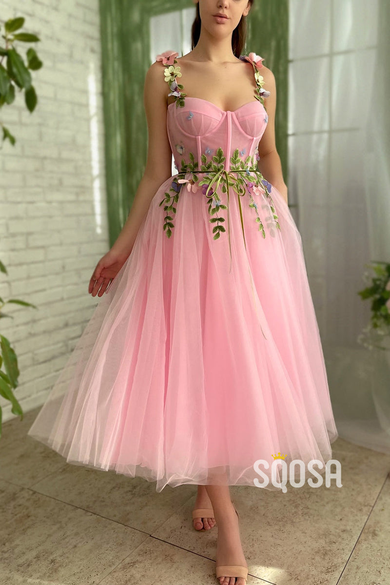 Spaghetti Straps Sweetheart 3D Appliques Pink Prom Dress with Pockets QP2841|SQOSA