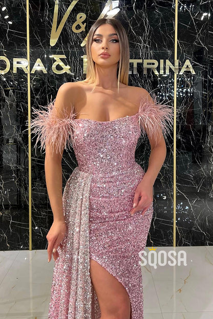 Off the Shoulder Feathers Sequins Prom Dress with Slit QP2844|SQOSA