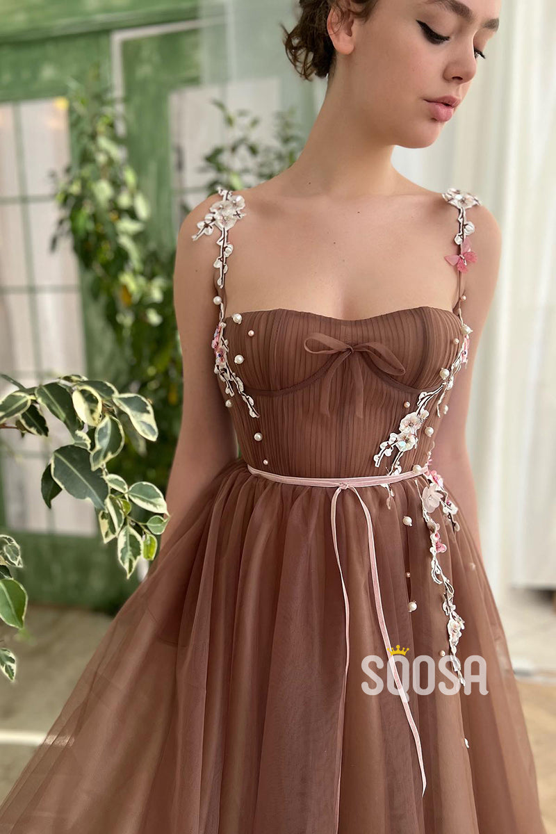 Spaghetti Straps Appliques Tulle Long Prom Dress QP2827|SQOSA