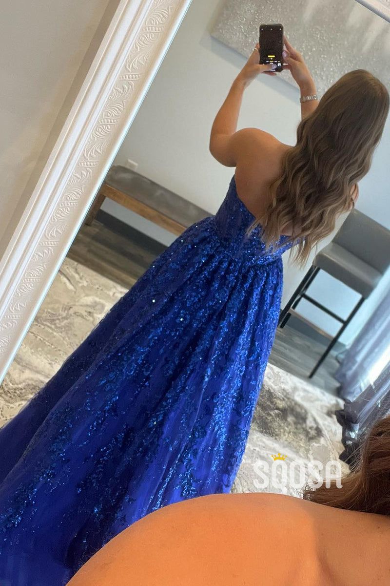 Strapless Sequins Appliques A-line Long Prom Dress with Pockets QP2861|SQOSA