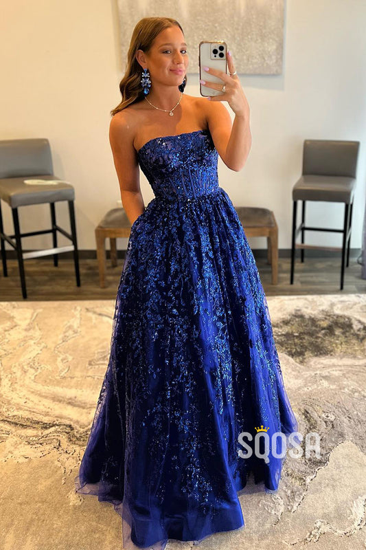 Strapless Sequins Appliques A-line Long Prom Dress with Pockets QP2861|SQOSA