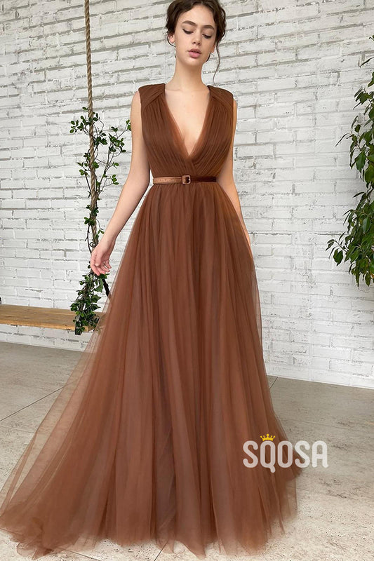 Attractive V-Neck Pleats A-line Tulle Long Prom Dress QP2869|SQOSA