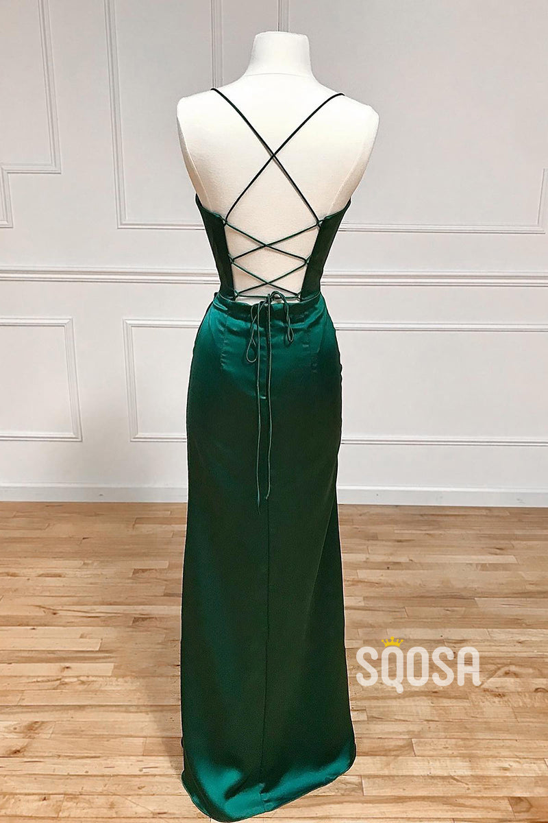 Spaghetti Straps Pleats High Split Long Prom Dress QP2876|SQOSA