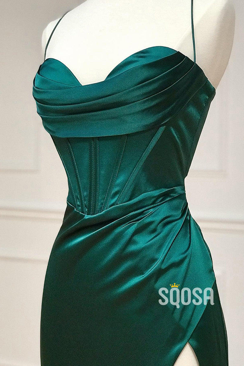 Spaghetti Straps Pleats High Split Long Prom Dress QP2876|SQOSA