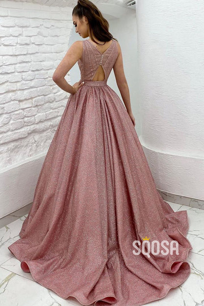 Pluning V-Neck Pink Tulle Sparkly Prom Dress with Pockets QP2926|SQOSA