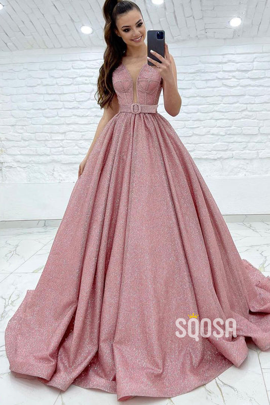 Pluning V-Neck Pink Tulle Sparkly Prom Dress with Pockets QP2926|SQOSA