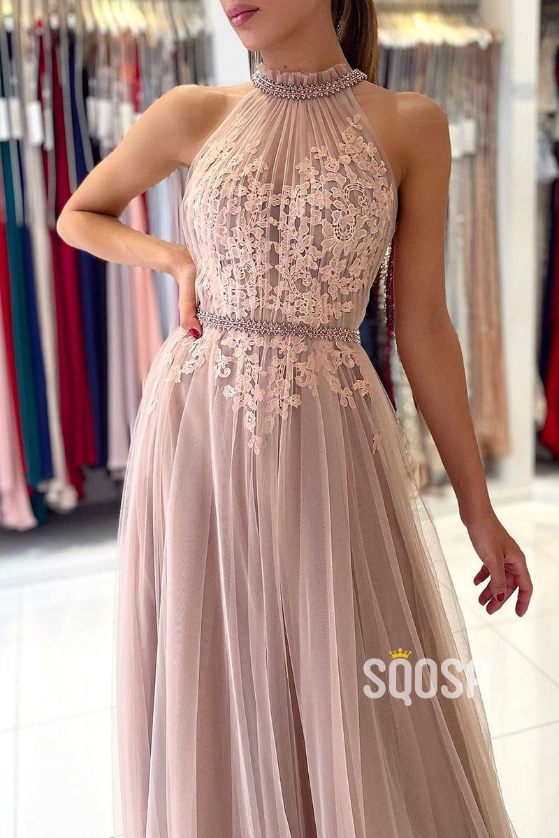 Unique High Neckline Lace Appliques Elegant Tulle Formal Evening Dress QP2942|SQOSA