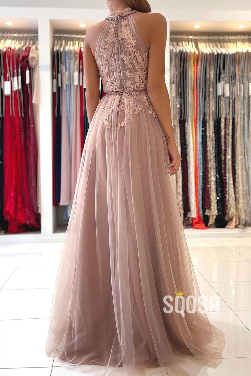 Unique High Neckline Lace Appliques Elegant Tulle Formal Evening Dress QP2942|SQOSA