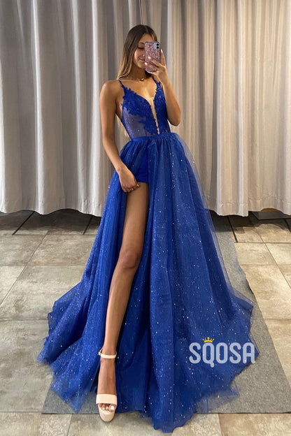 Plunging V-Neck Lace Appliques High Split Prom Dress Glitter QP2947|SQOSA