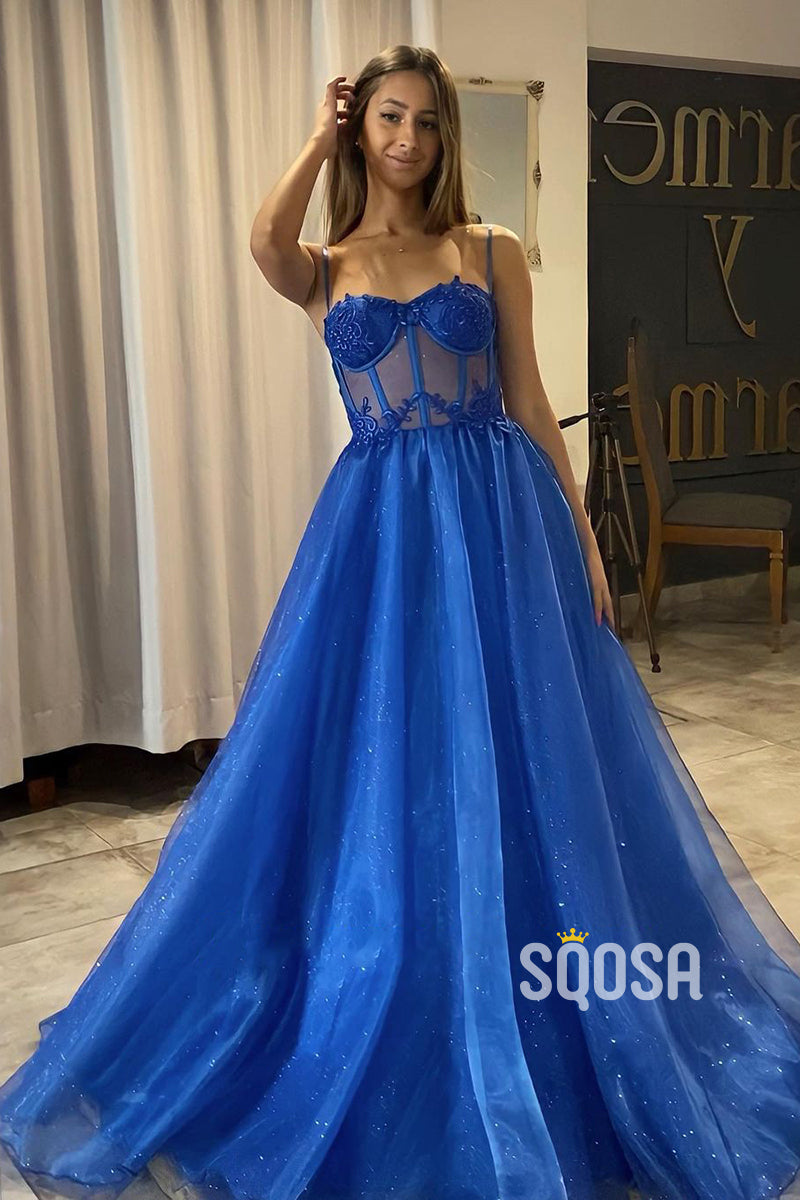 Women's Spaghetti Straps Lace Appliques Sparkly Prom Dress QP2952|SQOSA