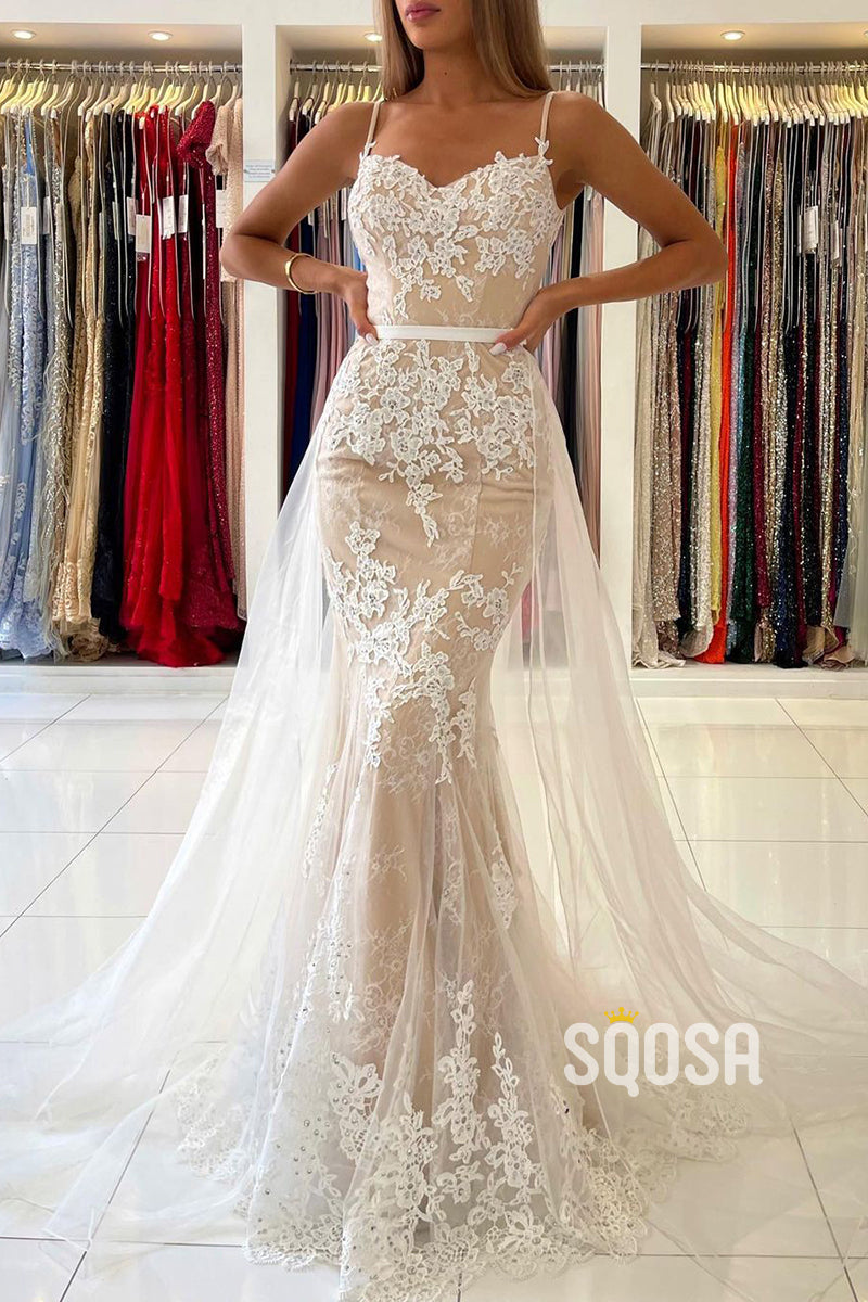 Spaghetti Straps Lace Appliques Mermiad Formal Evening Dress QP2954|SQOSA