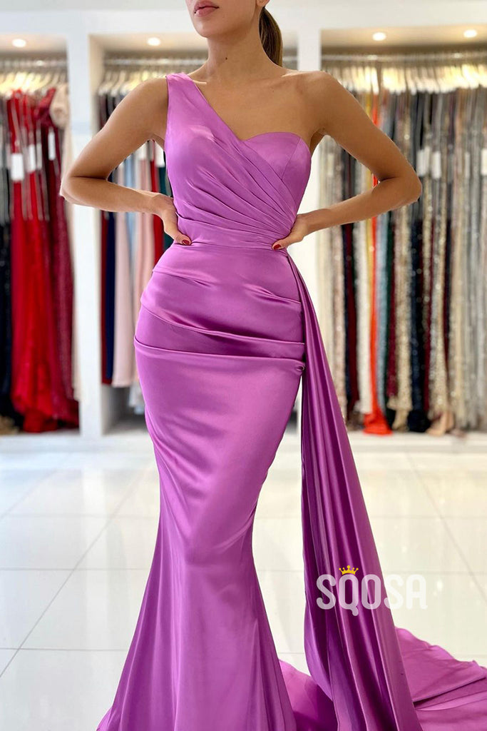 Chic One Shoulder Satin Pleats Mermaid Formal Evening Dress QP2996|SQOSA