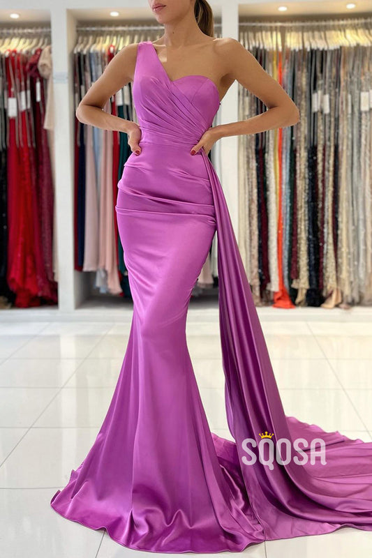 Chic One Shoulder Satin Pleats Mermaid Formal Evening Dress QP2996|SQOSA