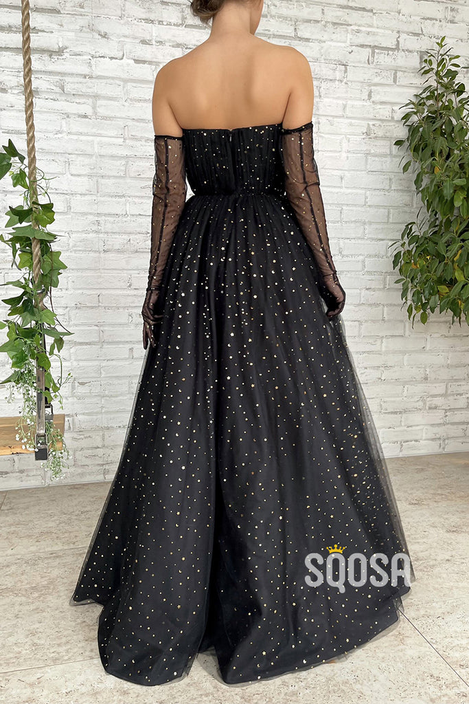 A-line Sweetheart Black Star Tulle Long Prom Dress Glitter QP3021|SQOSA