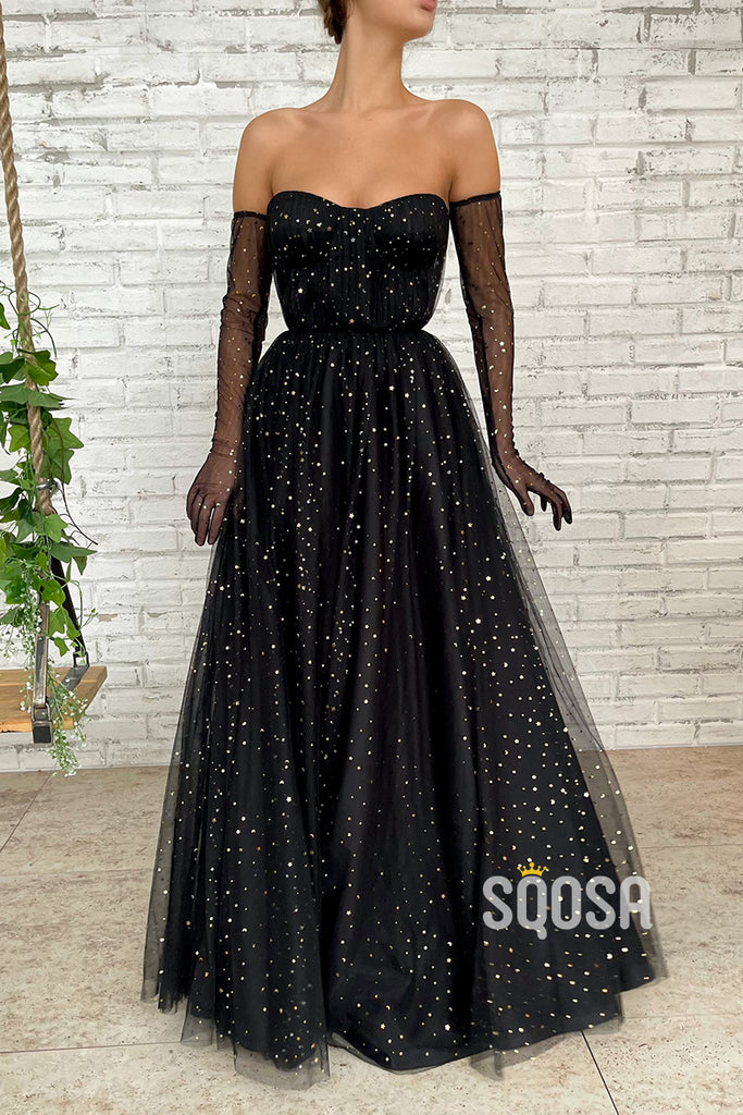 A-line Sweetheart Black Star Tulle Long Prom Dress Glitter QP3021|SQOSA