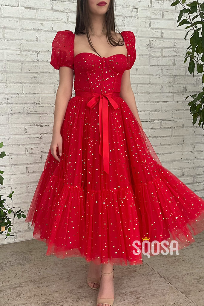 A-line Sweetheart Short Sleeves Star Tulle Vintage Prom Dress Glitter QP3022|SQOSA
