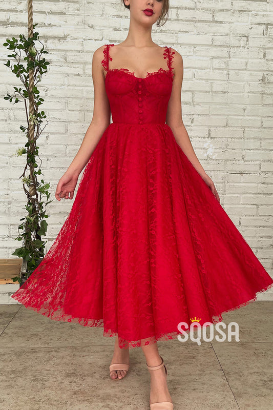 Women's Spaghetti Straps Red Lace Vintage Prom Dress QP3024|SQOSA