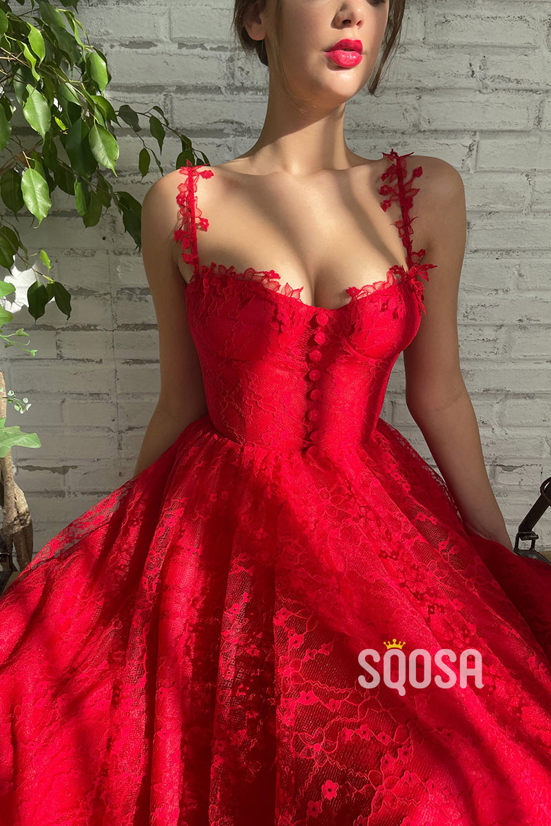 Women's Spaghetti Straps Red Lace Vintage Prom Dress QP3024|SQOSA