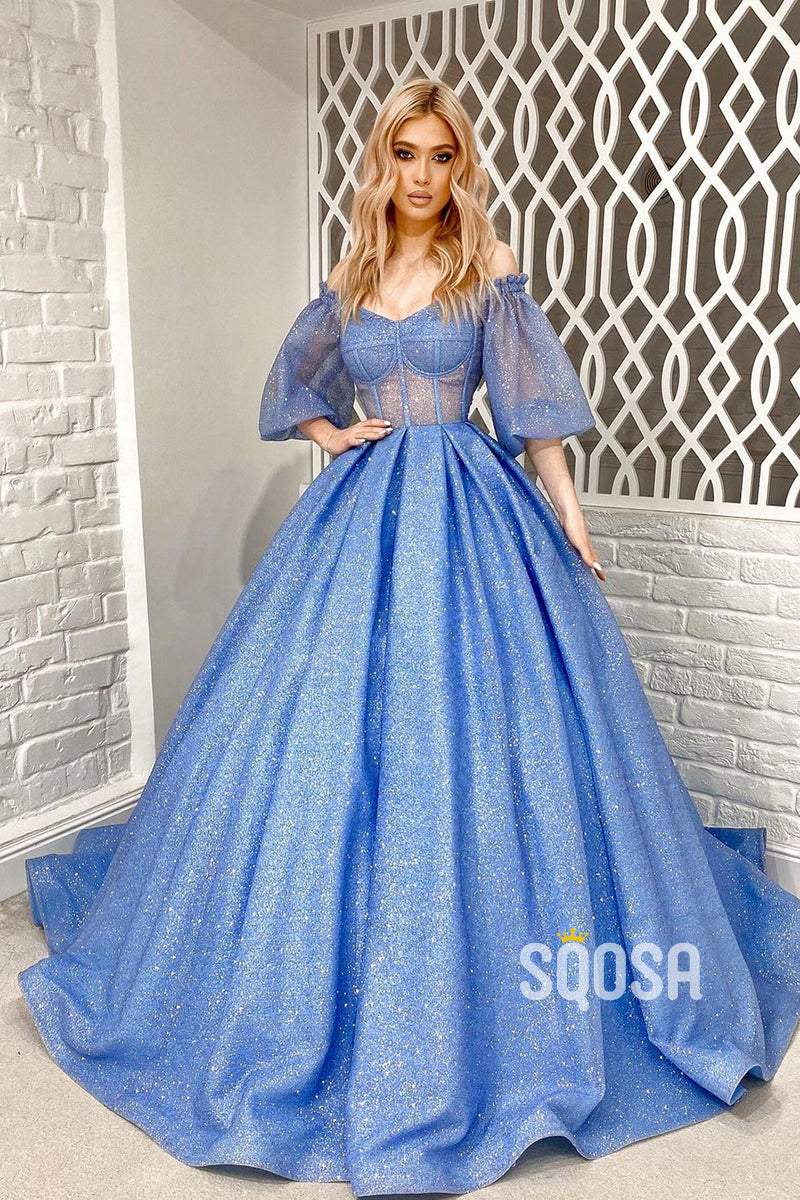 Unique Off the Shoulder Half Sleeves Sparkly Prom Ball Gown QP3026|SQOSA