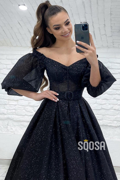 Unique Off the Shoulder Half Sleeves Sparkly Prom Ball Gown QP3026|SQOSA