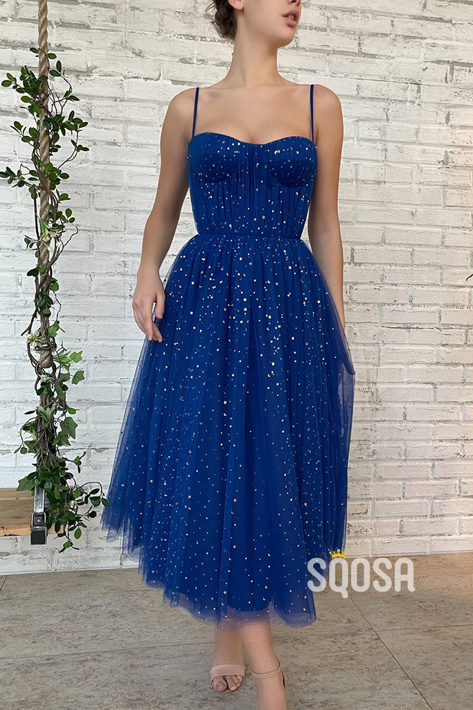 Spaghetti Straps Star Tulle Sparkly Prom Dress with Pockets QP3028|SQOSA