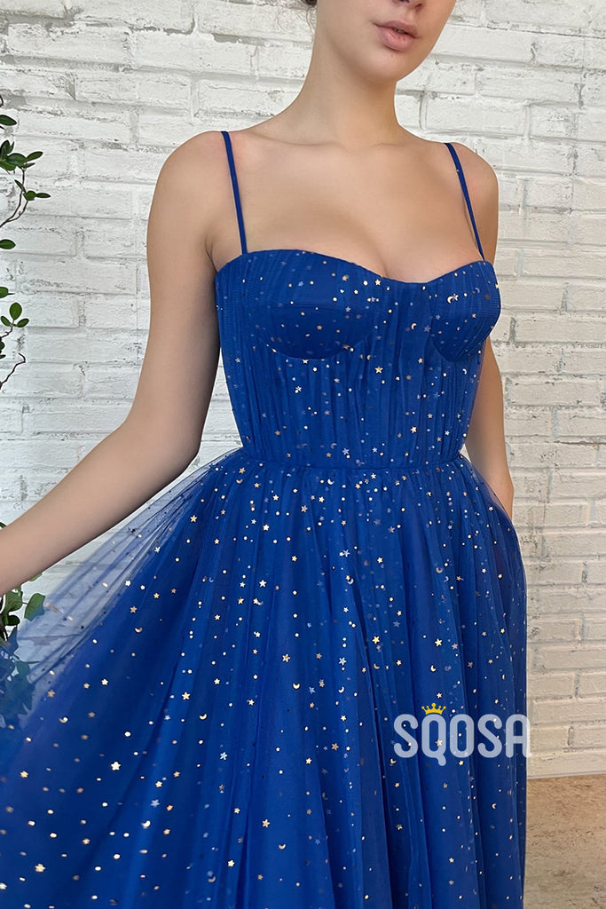 Spaghetti Straps Star Tulle Sparkly Prom Dress with Pockets QP3028|SQOSA