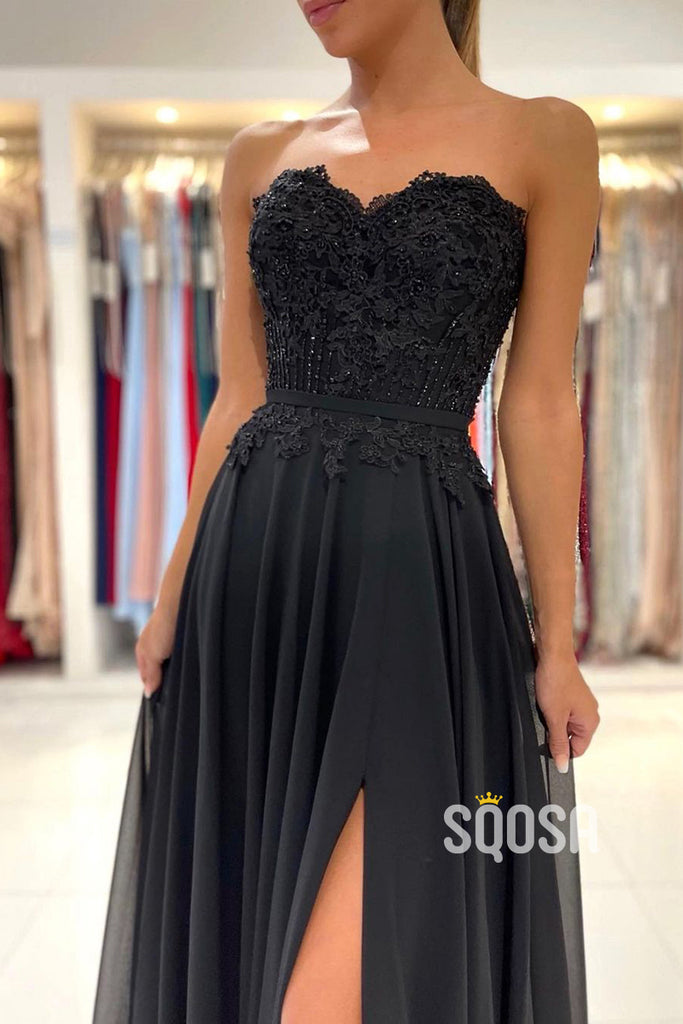 A-line Sweetheart Lace Appliques High Split Chiffon Black Formal Evening Dress QP3029|SQOSA