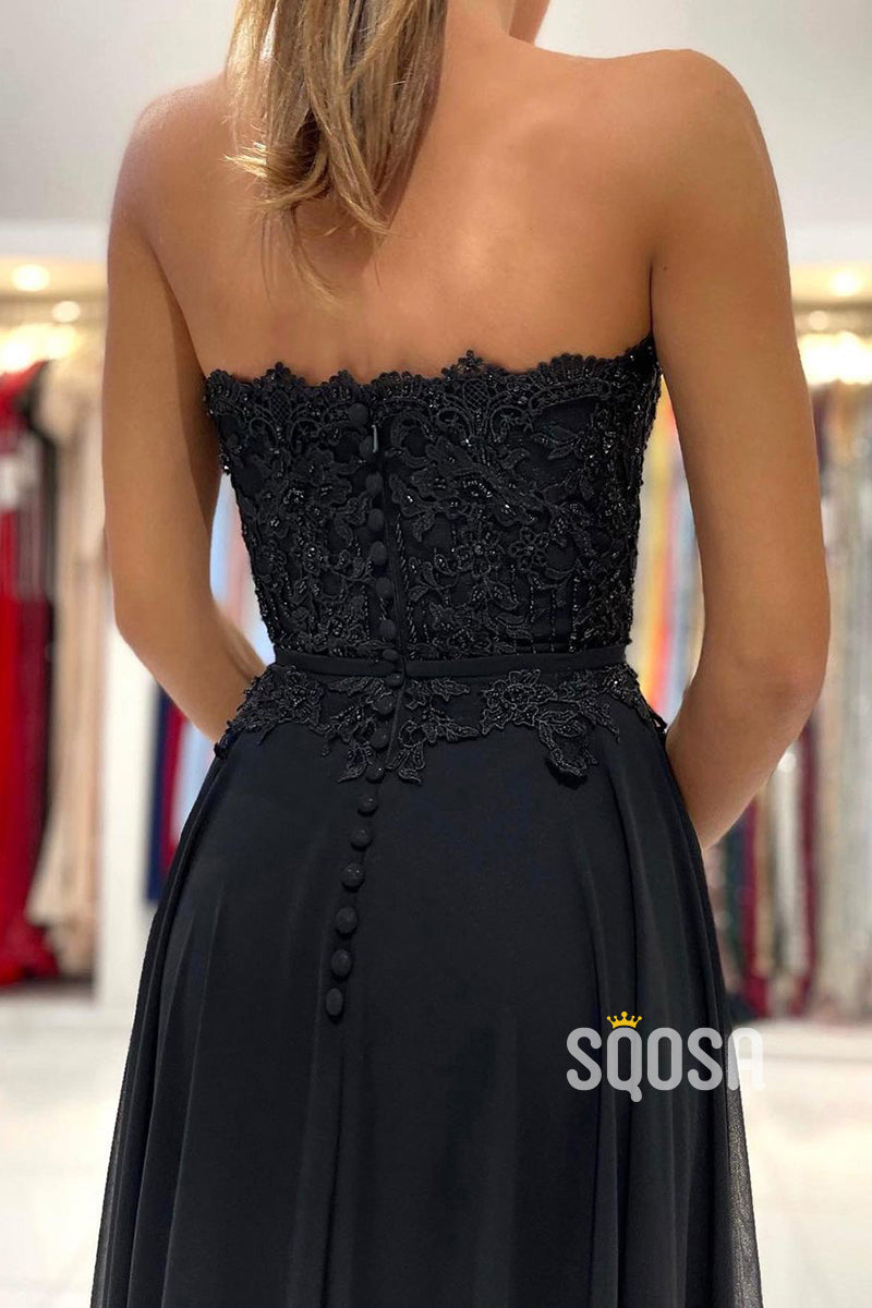 A-line Sweetheart Lace Appliques High Split Chiffon Black Formal Evening Dress QP3029|SQOSA