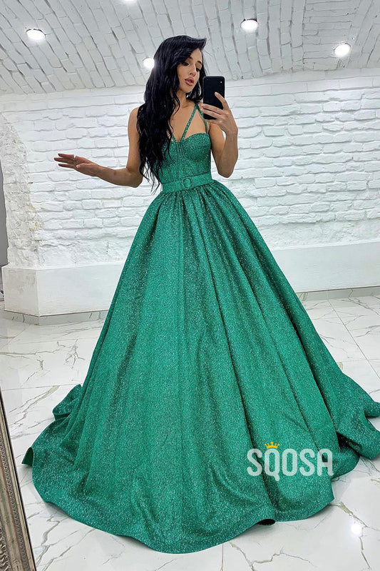 Women's Spaghetti Straps Sparkly Prom Ball Gown with Pockets QP3030|SQOSA
