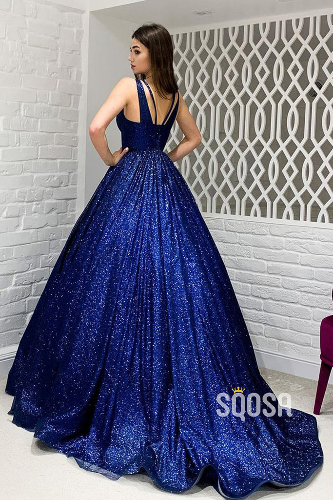 Sexy V-Neck Royal Blue Sparkly Prom Ball Gown with Pockets QP3031|SQOSA