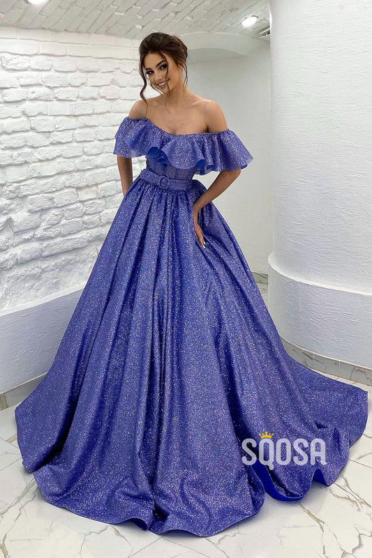Chic Off the Shoulder Sparkly Prom Ball Gown with Belt QP3032|SQOSA