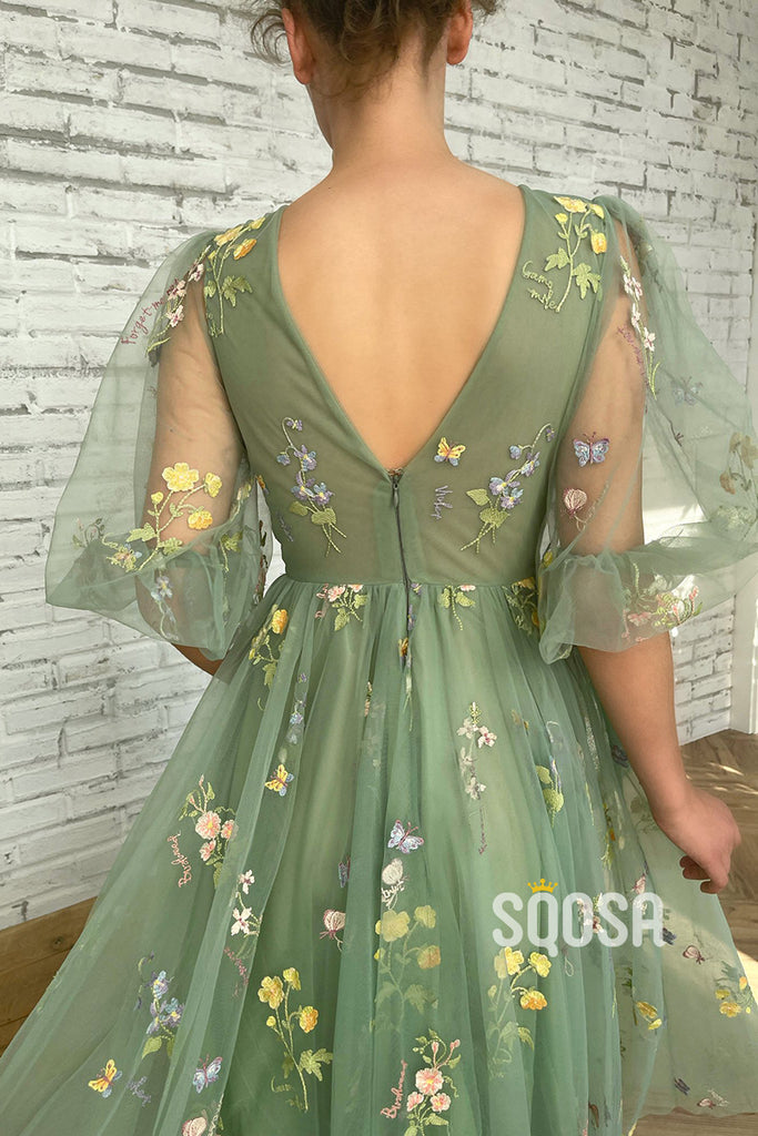 Sexy V-Neck Half Sleeves Embroidery Lace Prom Dress with Pockets QP3033|SQOSA