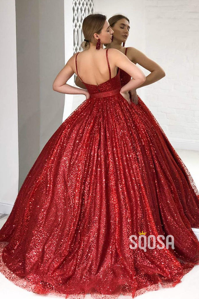 Ball Gown Spaghetti Straps Burgundy Prom Dress Glitter with Pockets QP3034|SQOSA