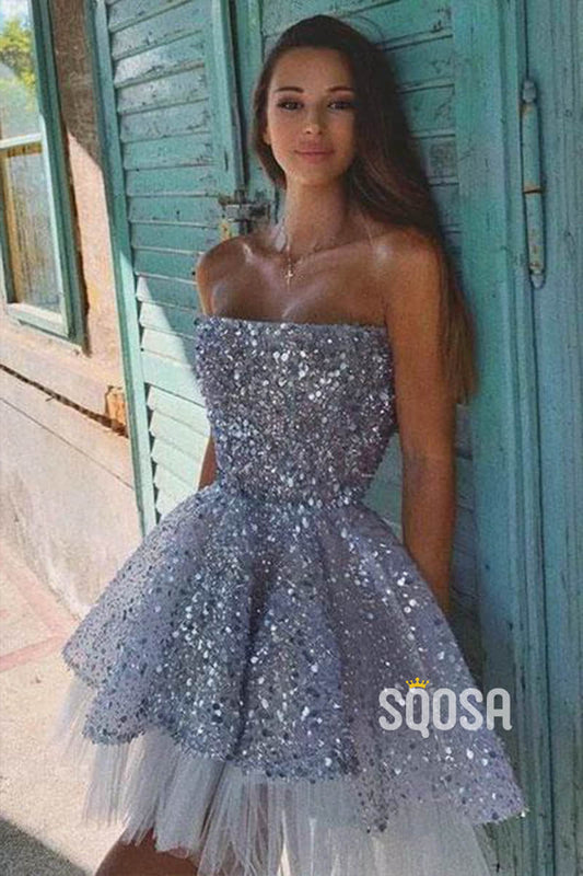 A-line Strapless Sequins Vintage Homecoming Dress Short Prom Dress QS2133|SQOSA