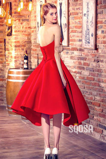 A-line Sweetheart Red Satin Tea Length Homecoming Dress Short Prom Dress QS2163|SQOSA