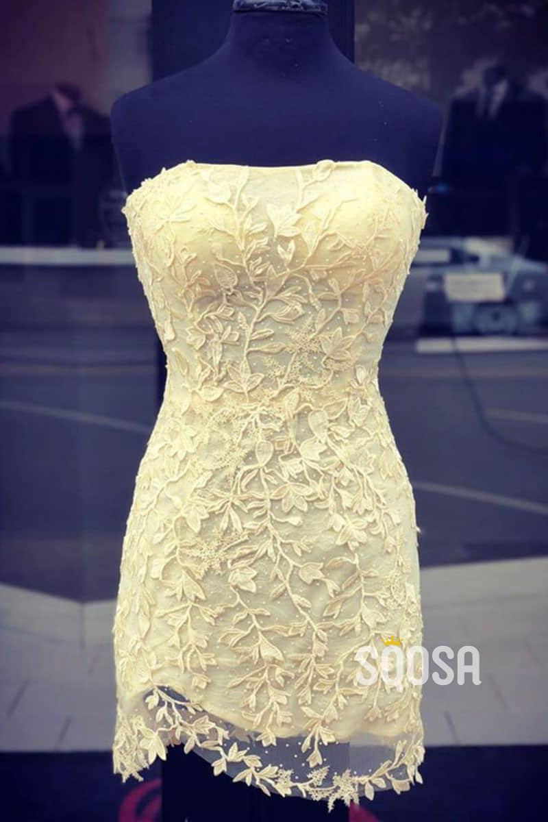 Sheath/Column Strapless Satin Appliques Short Homecoming Dress QS2170|SQOSA