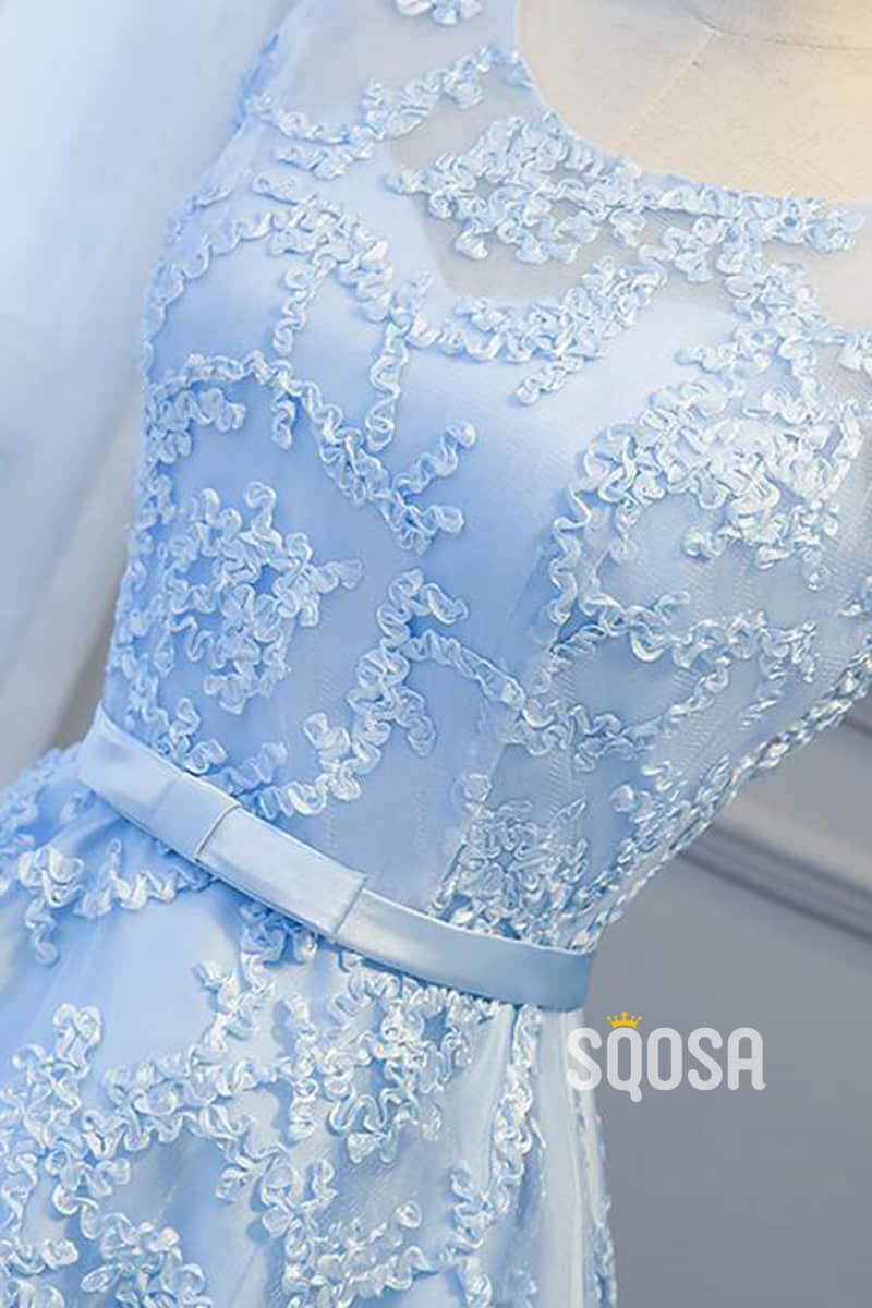 A-line Sky Blue Lace High Low Homecoming Dress QS2176|SQOSA