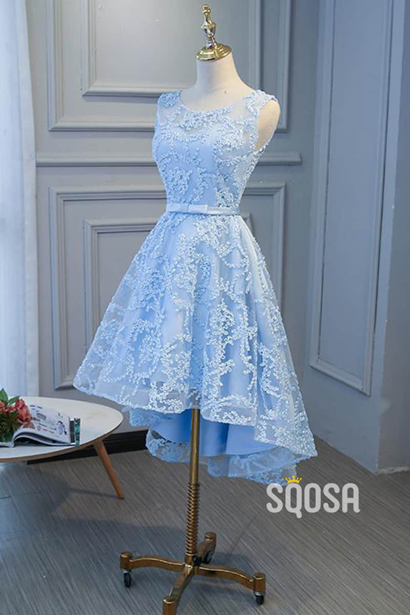 A-line Sky Blue Lace High Low Homecoming Dress QS2176|SQOSA